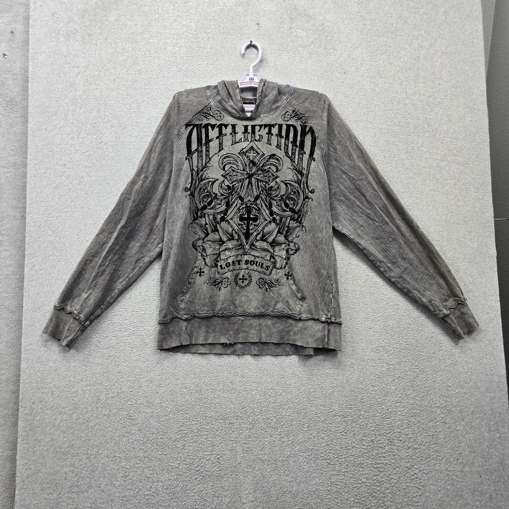 Affliction Men Hoodie M Gray Lost Souls Cross Logo Graphic Print Grunge Pullover